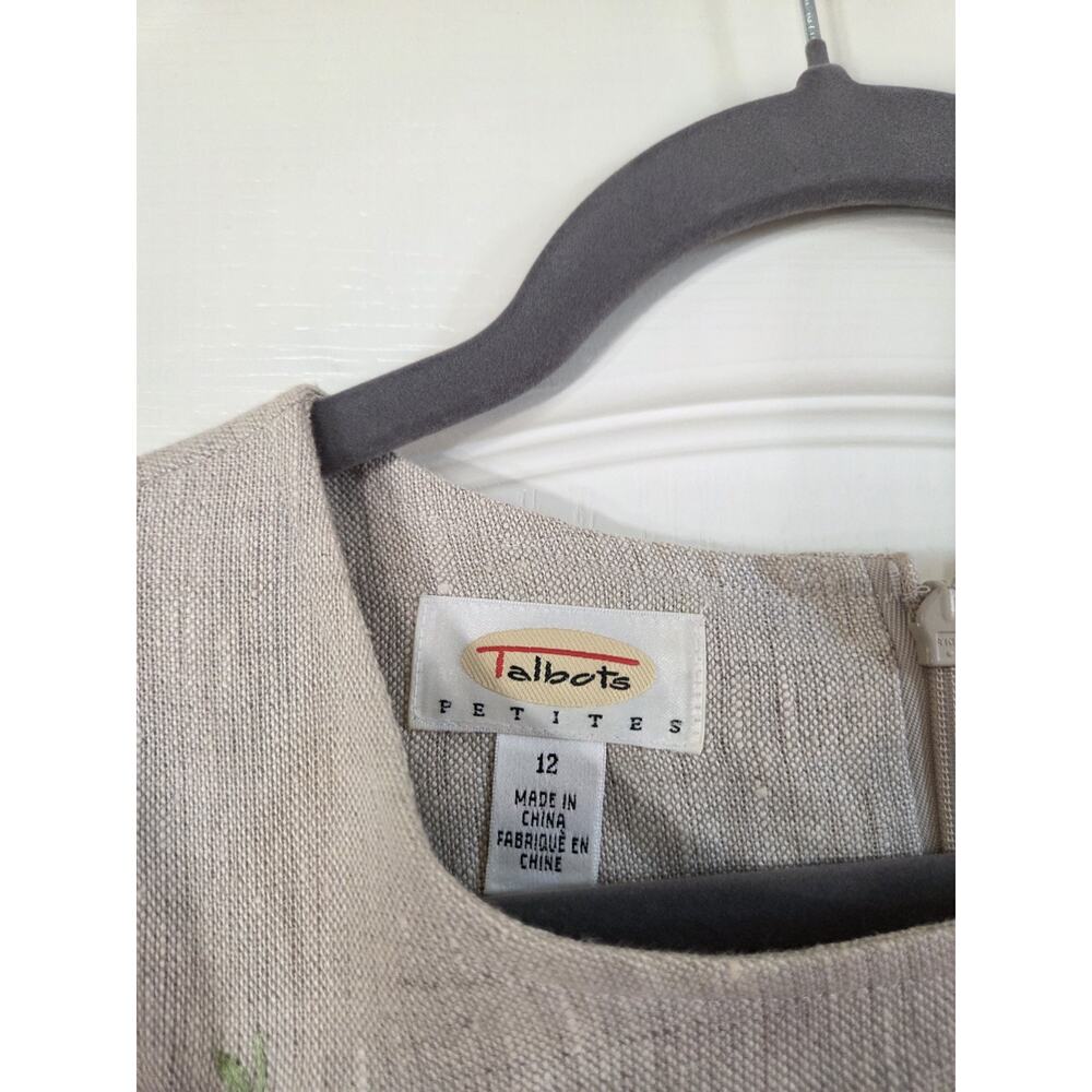 Talbots Classic 100% Linen Khaki Embroidered Floral Modest Mini Dress, Size 12P - Picture 3 of 15